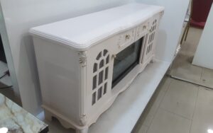 Milk Coloured TV stand with Fire Design